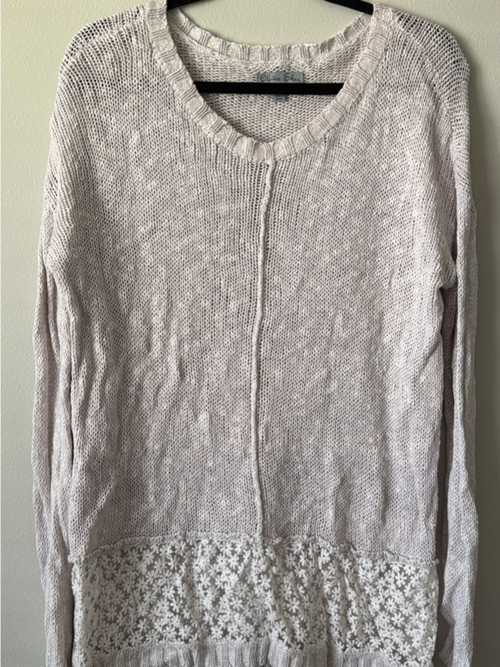 Olivia Sky Cream Scoop Neck Knit Sweater with Lace Panel